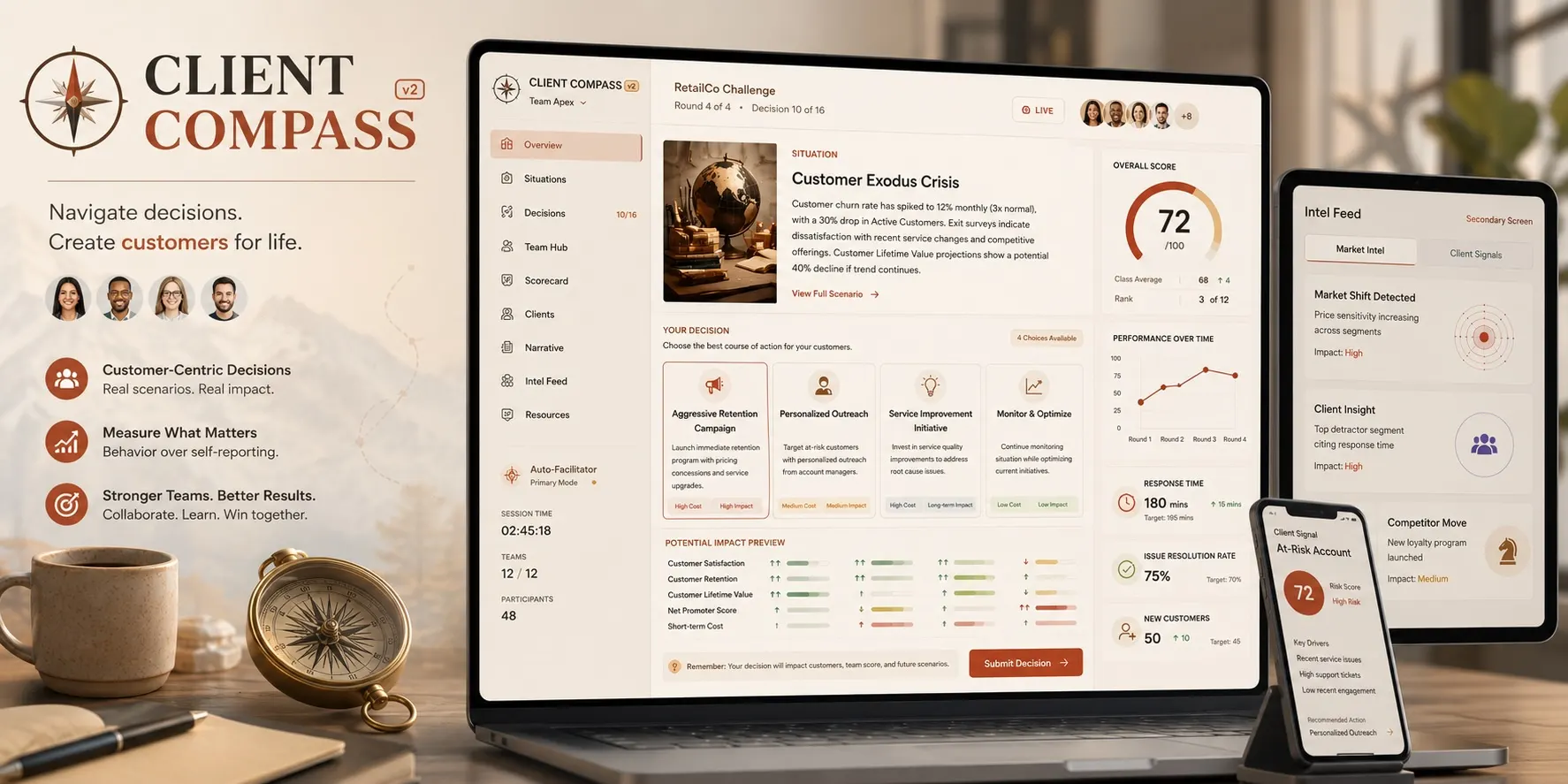 Client Compass simulation — decision dashboard