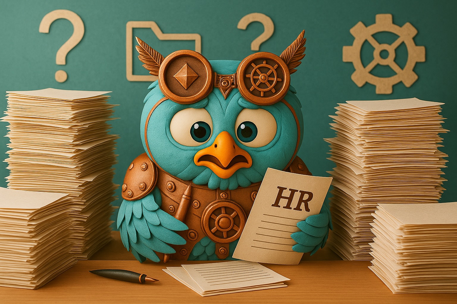 Digital Onboarding Solutions 1 HR owl overwhelmed with paperwork, illustrating why digital onboarding solutions improve administrative efficiency.