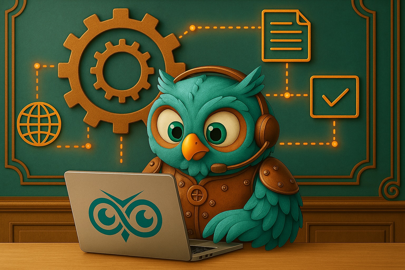 Digital Onboarding Solutions 2 Steampunk-style owl in headset working on a laptop with digital workflow icons representing consistent onboarding and compliance.