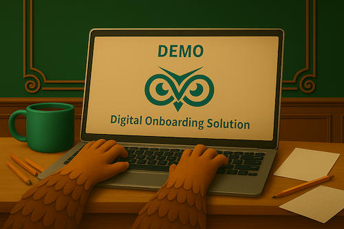 Request a Demo – TryitOwl’s Digital Onboarding Solutions in Action Owl-themed digital illustration showing a laptop screen with “Demo” and “Digital Onboarding Solutions” by TryitOwl